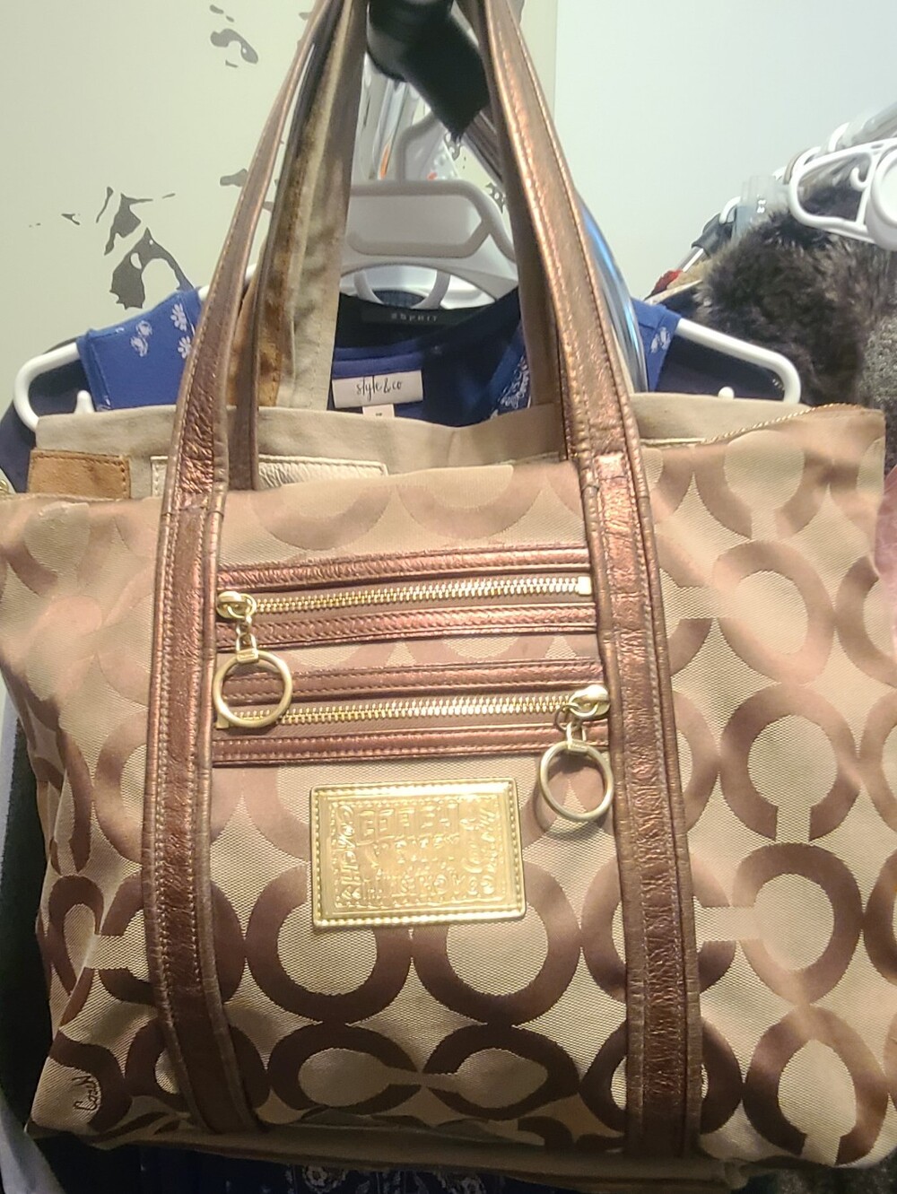 Coach Beige and Brown Signature Tote Shoulder Bag